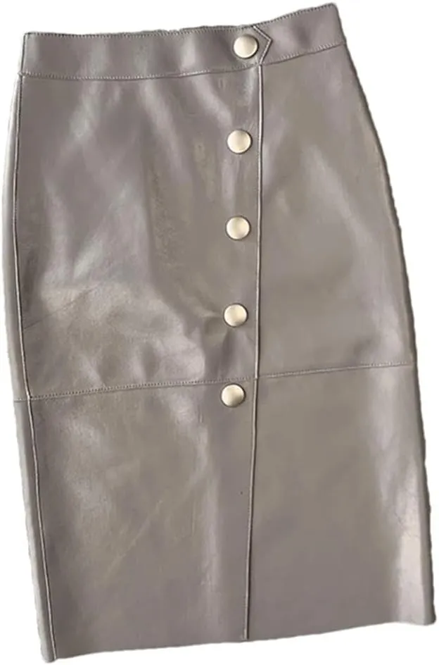 Women Retro Split Leather Skirt Solid Knee-Length Pencil Skirt Strecth Slim Midi Skirt