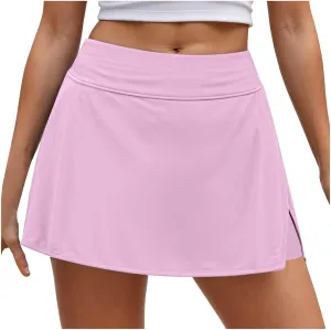 Women Tennis Skirt with Trousers Sports High Waist Skirt with 2 Pockets Side Slit Summer Fitness Skirts Running