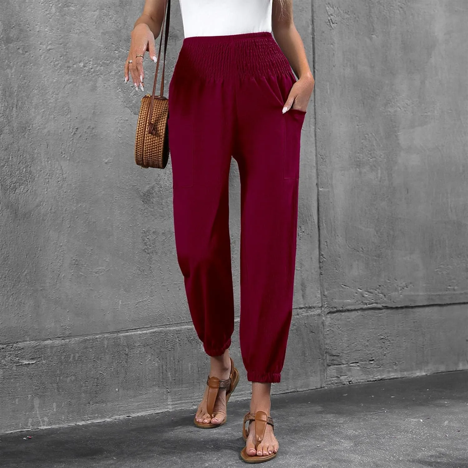 Women Wide Leg Flowy Pants 2025 Summer Casual High Waisted Baggy Loose Boho Beach Vacation Palazzo Lantern Trousers