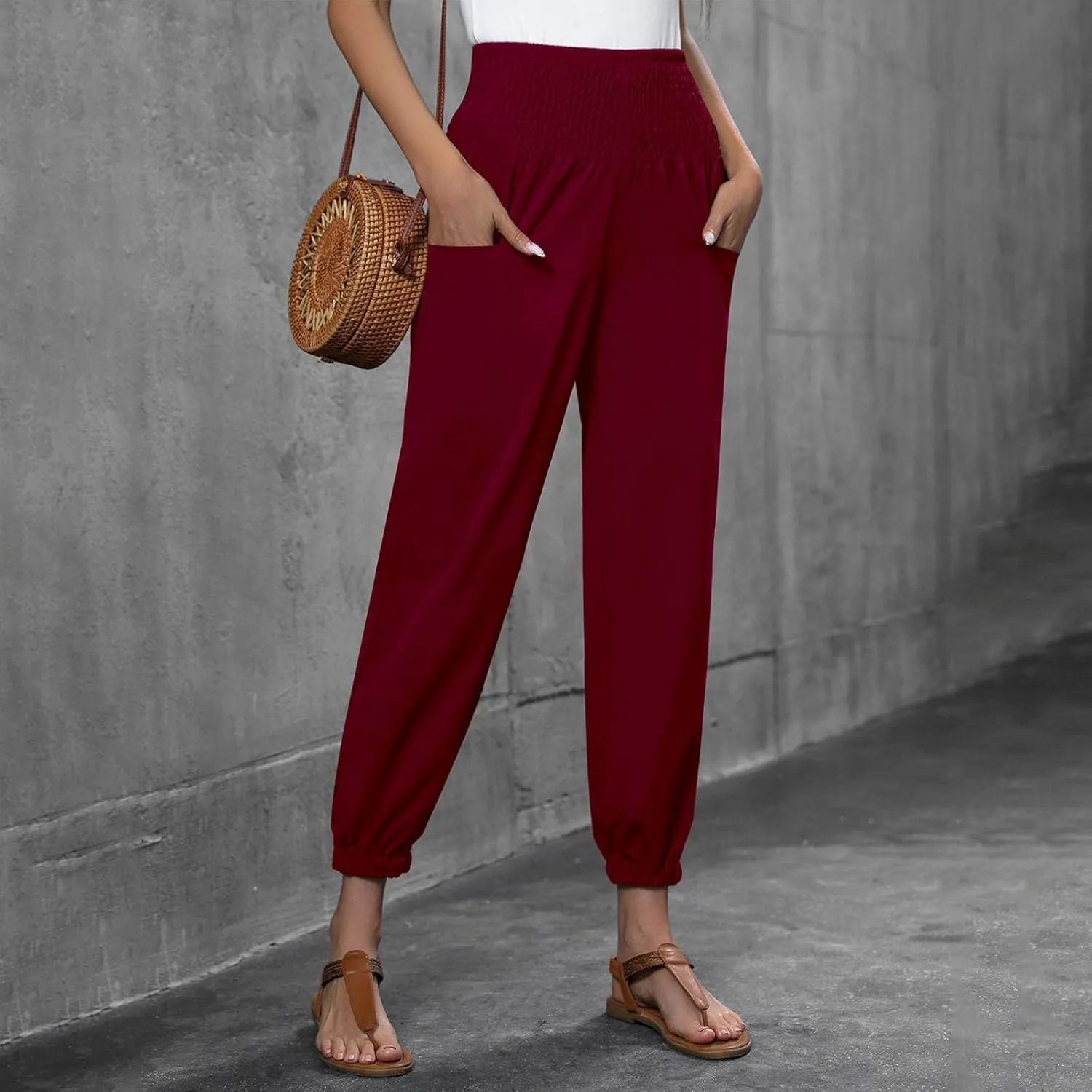 Women Wide Leg Flowy Pants 2025 Summer Casual High Waisted Baggy Loose Boho Beach Vacation Palazzo Lantern Trousers