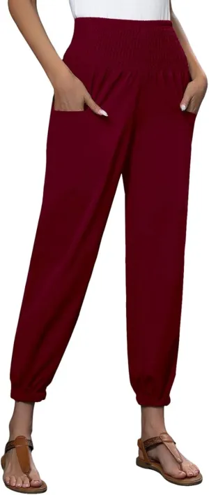 Women Wide Leg Flowy Pants 2025 Summer Casual High Waisted Baggy Loose Boho Beach Vacation Palazzo Lantern Trousers
