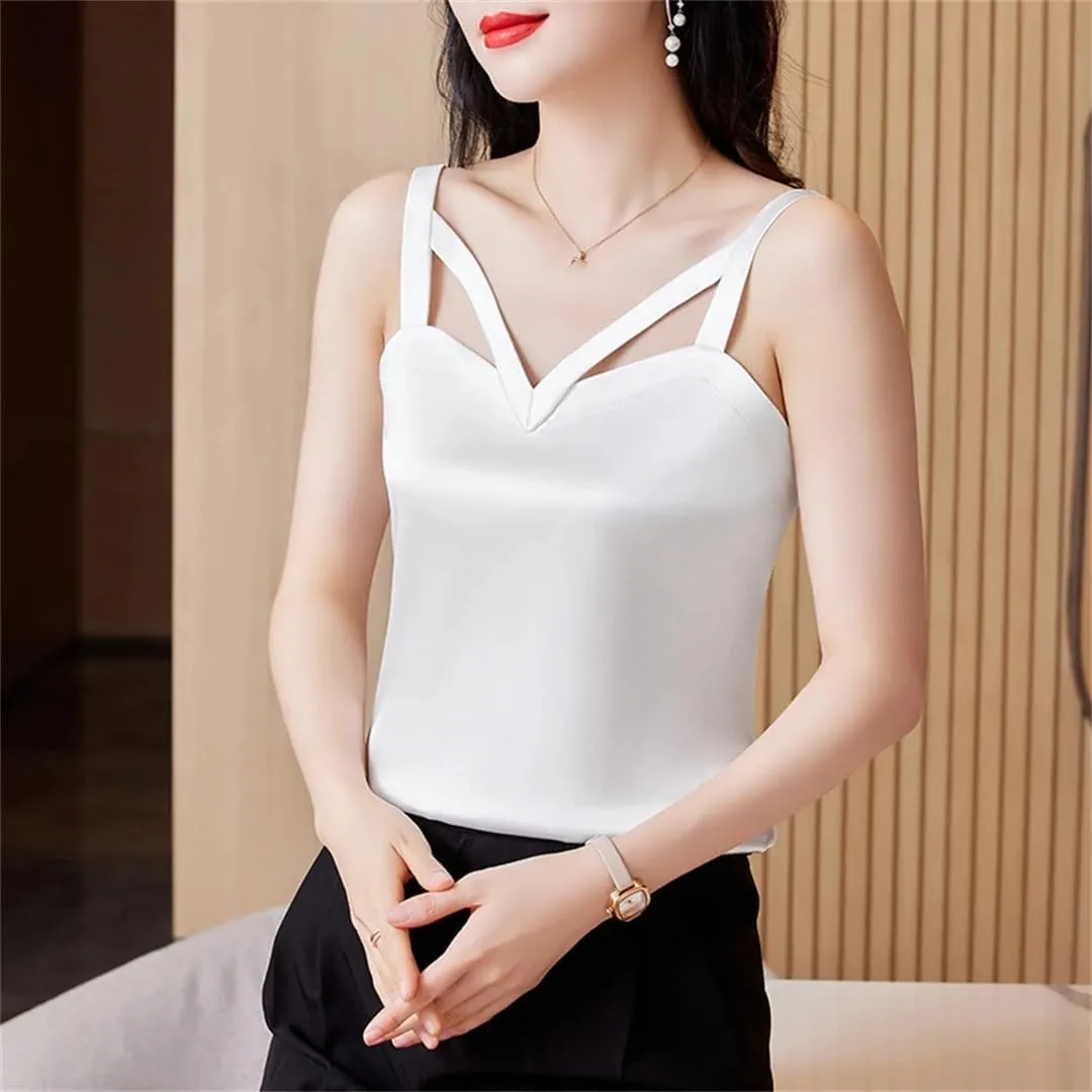 Women's Camisole Shirt Spring Summer Silk Satin Tank Tops Sleeveless Hollow Out Vest
