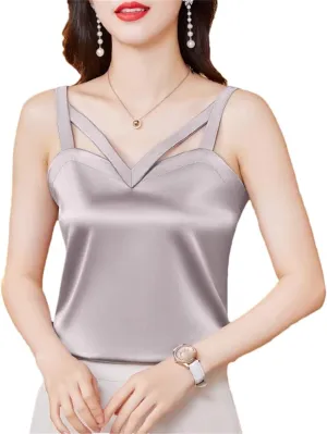 Women's Camisole Shirt Spring Summer Silk Satin Tank Tops Sleeveless Hollow Out Vest