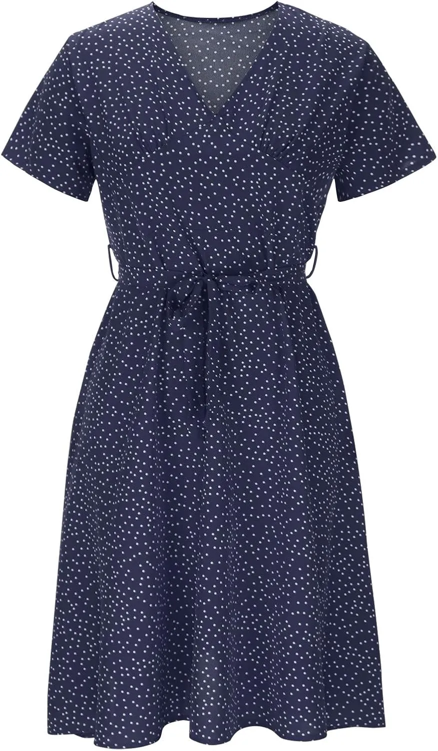 Womens Casual Floral A-Line Dresses V Neck Short Sleeve Lightweight Flowy Beach Sundress 2024 Trend Teaparty Traveling Dress