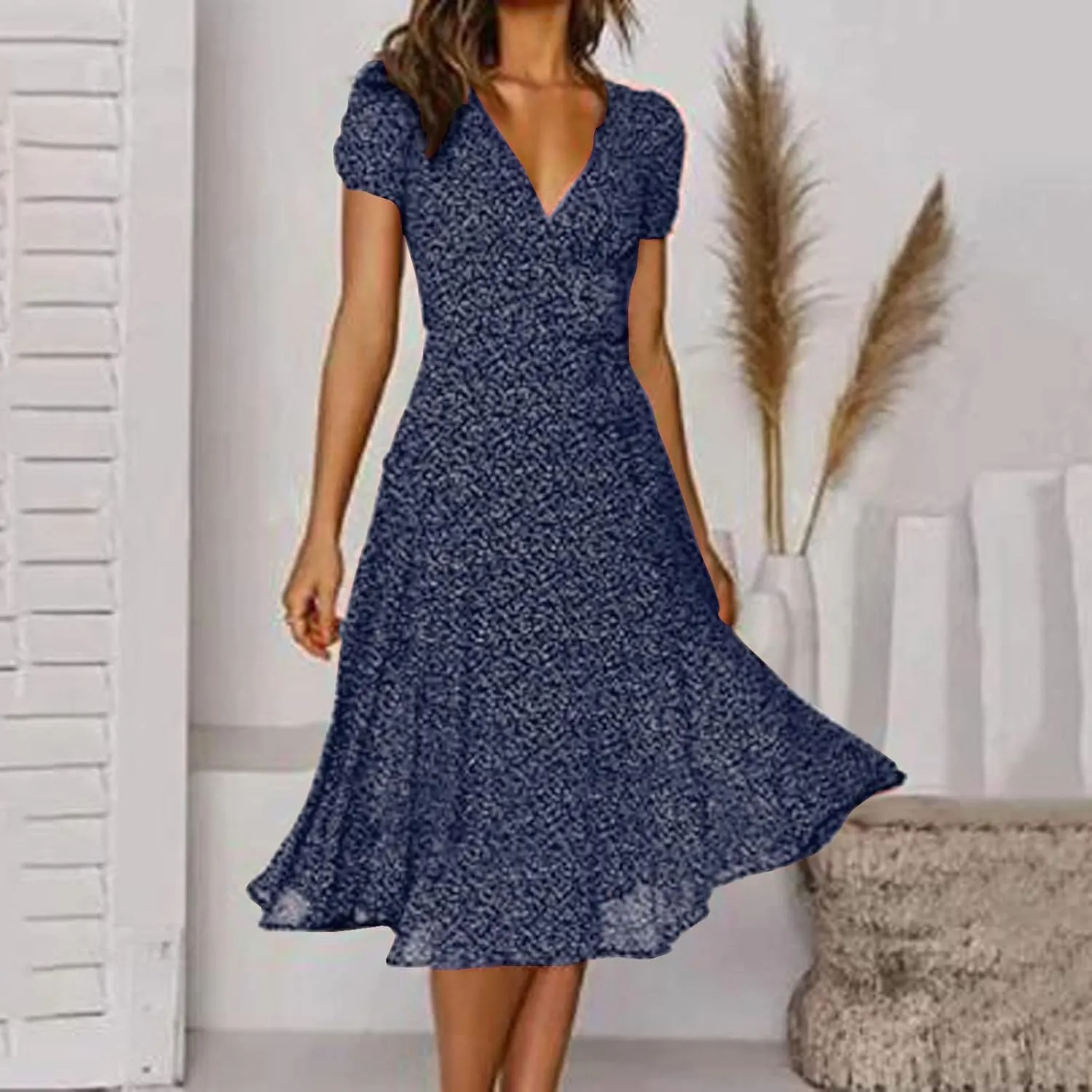 Womens Casual Floral A-Line Dresses V Neck Short Sleeve Lightweight Flowy Beach Sundress 2024 Trend Teaparty Traveling Dress