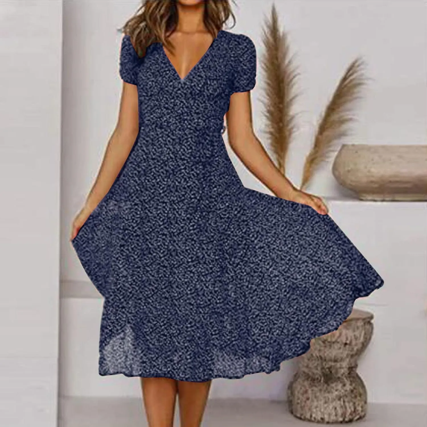Womens Casual Floral A-Line Dresses V Neck Short Sleeve Lightweight Flowy Beach Sundress 2024 Trend Teaparty Traveling Dress