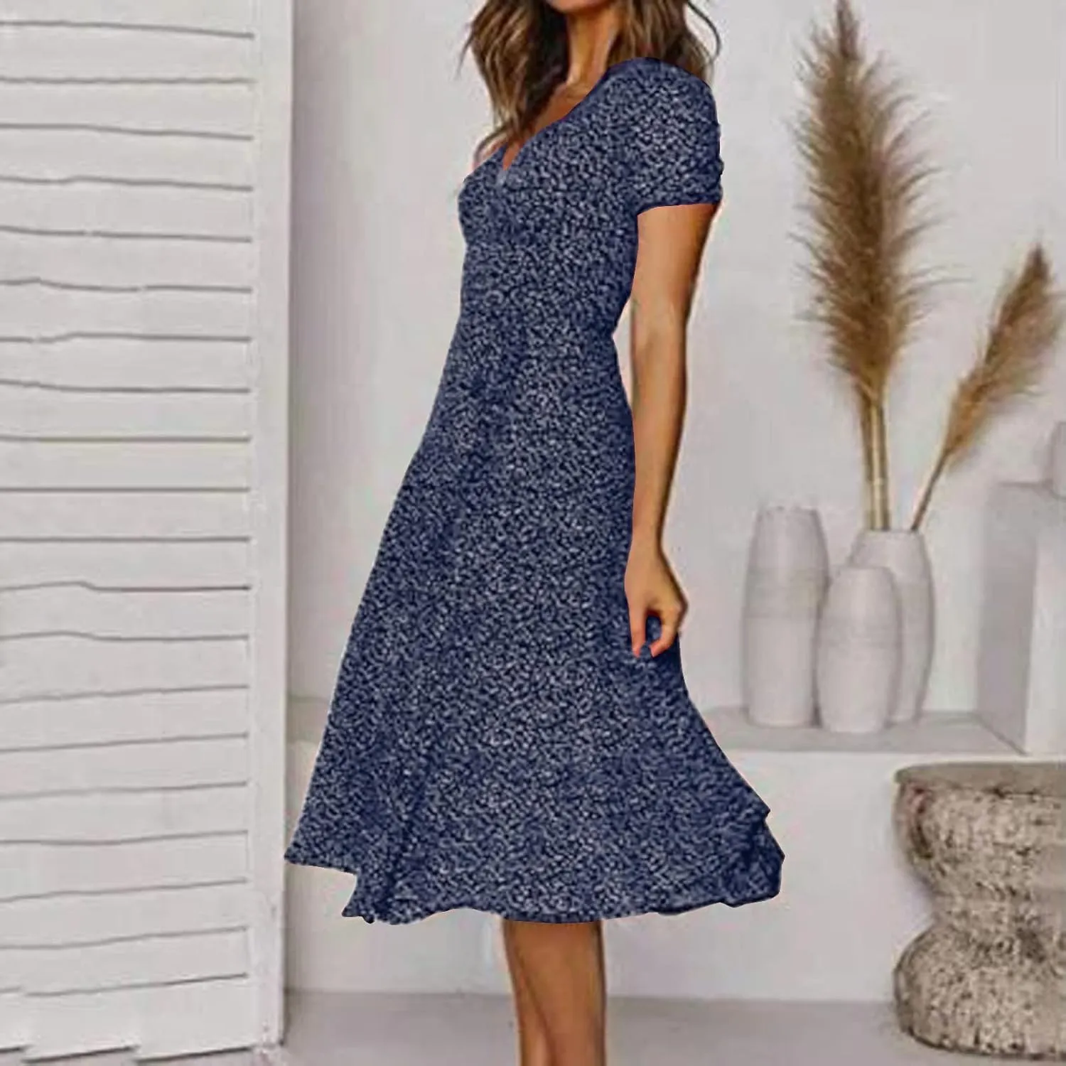 Womens Casual Floral A-Line Dresses V Neck Short Sleeve Lightweight Flowy Beach Sundress 2024 Trend Teaparty Traveling Dress