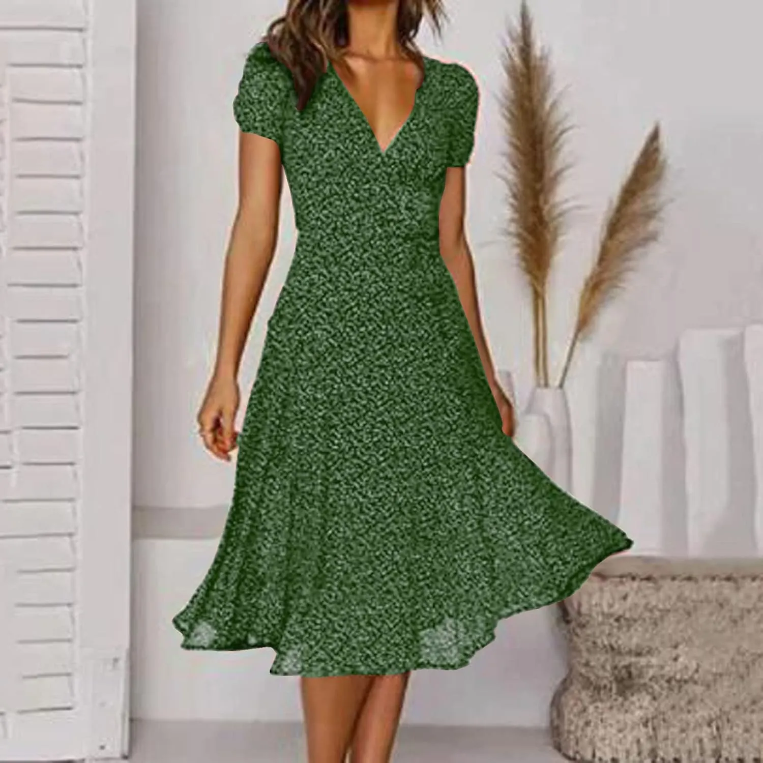 Womens Casual Floral A-Line Dresses V Neck Short Sleeve Lightweight Flowy Beach Sundress 2024 Trend Teaparty Traveling Dress