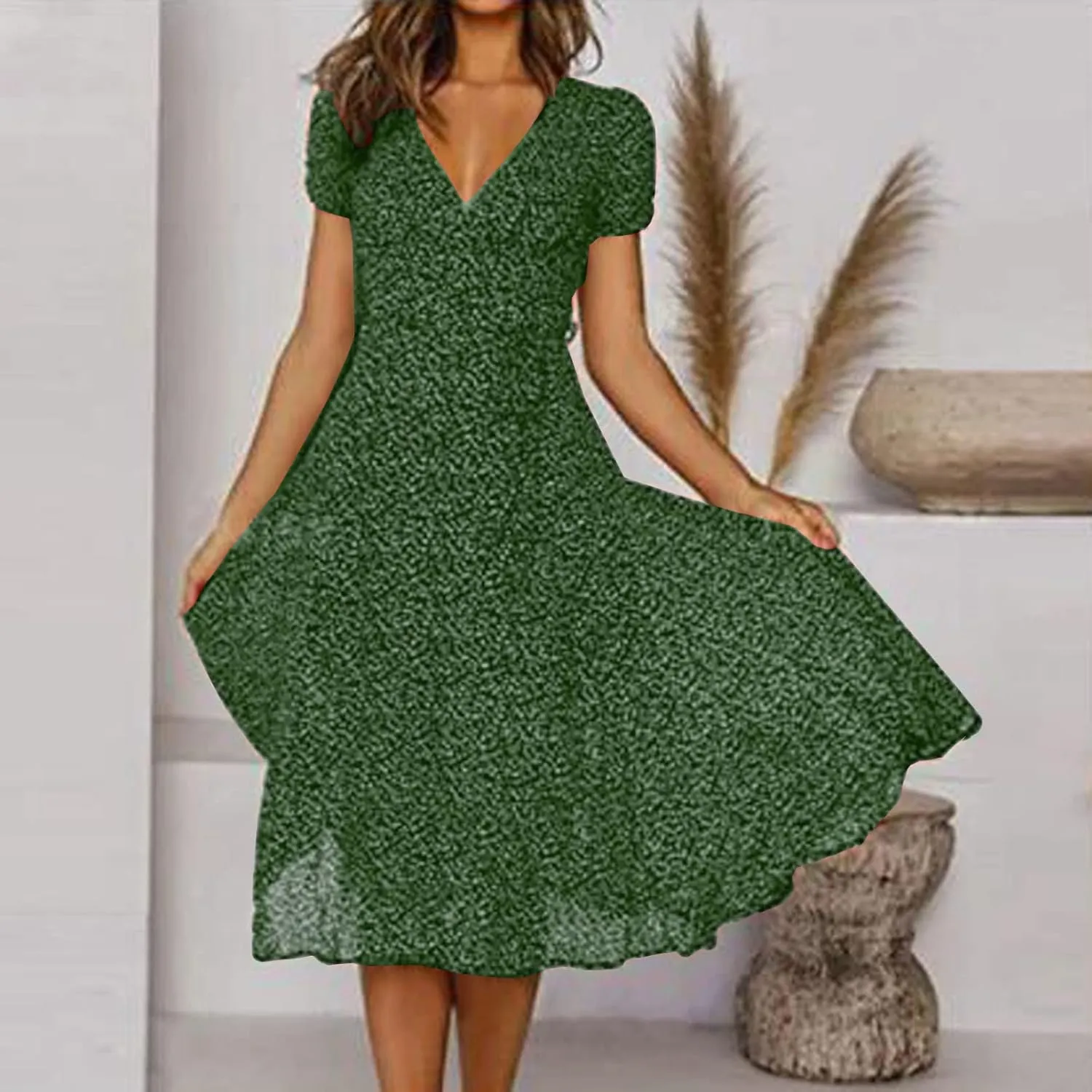 Womens Casual Floral A-Line Dresses V Neck Short Sleeve Lightweight Flowy Beach Sundress 2024 Trend Teaparty Traveling Dress