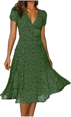 Womens Casual Floral A-Line Dresses V Neck Short Sleeve Lightweight Flowy Beach Sundress 2024 Trend Teaparty Traveling Dress