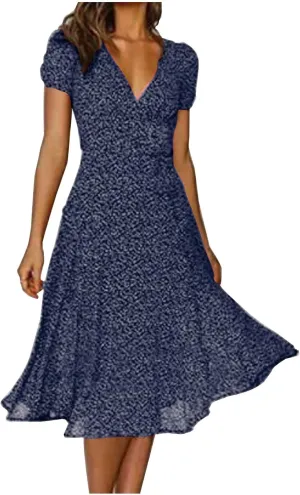 Womens Casual Floral A-Line Dresses V Neck Short Sleeve Lightweight Flowy Beach Sundress 2024 Trend Teaparty Traveling Dress