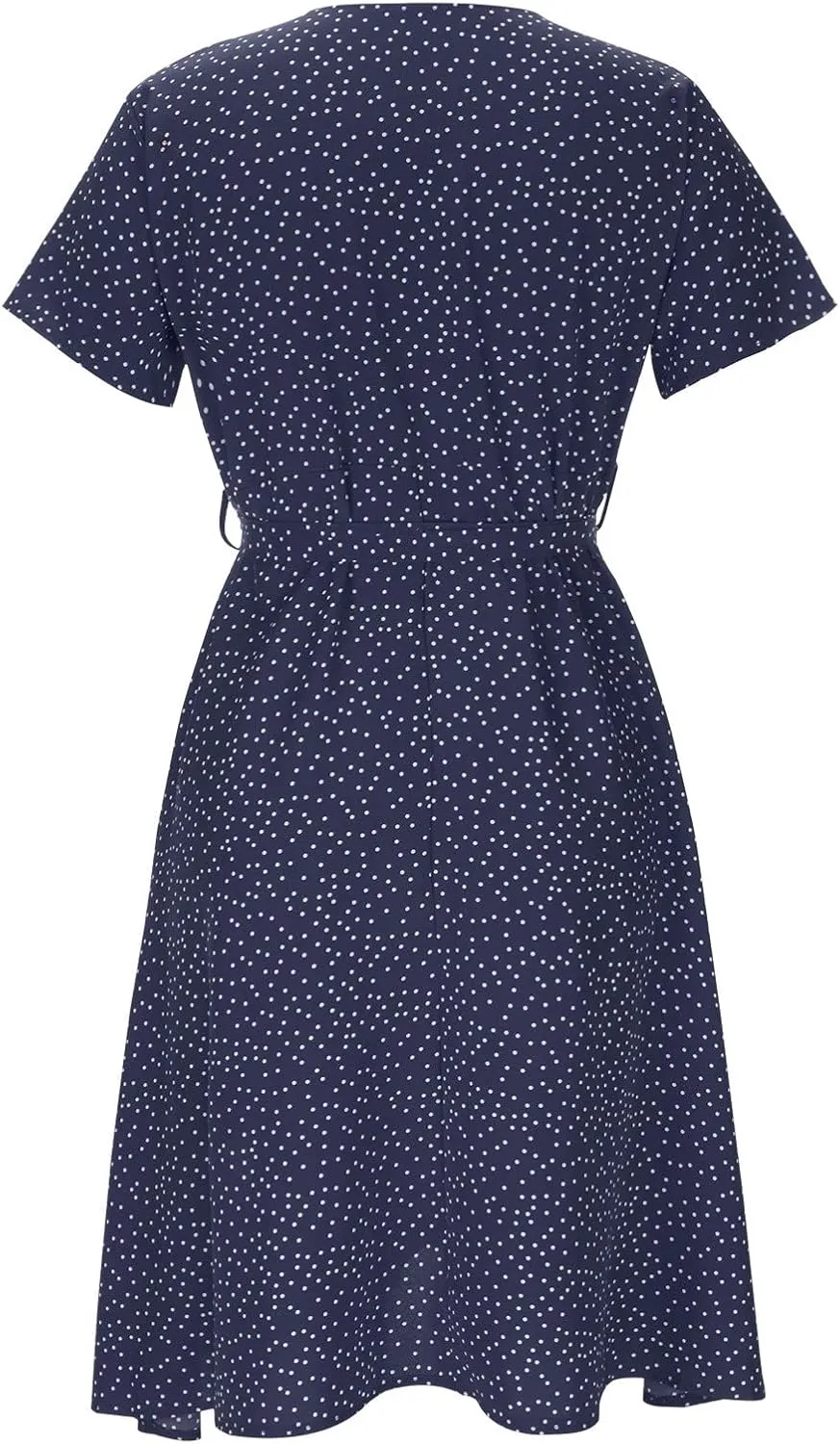Womens Casual Floral A-Line Dresses V Neck Short Sleeve Lightweight Flowy Beach Sundress 2024 Trend Teaparty Traveling Dress