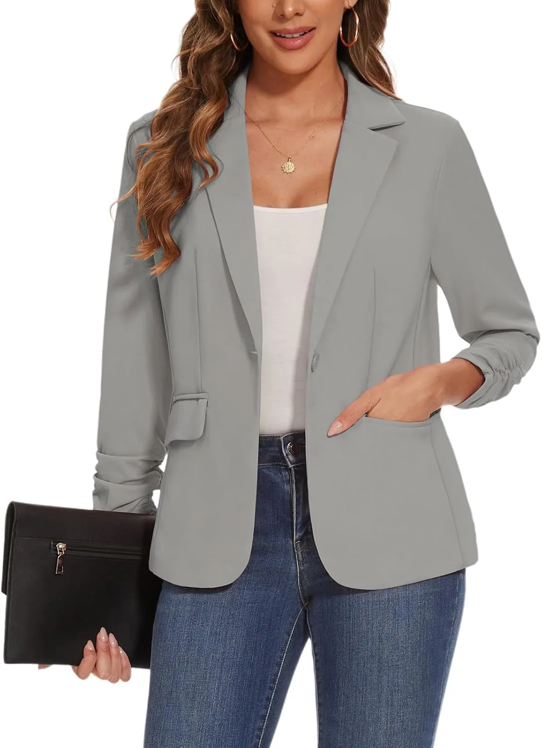 Women's Casual Single Button Front Blazer Ruched 3/4 Sleeve Notched Lapel Office Lightweight Blazers with Pockets