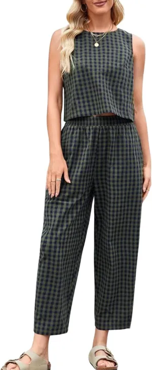 Womens Cotton Linen Checker Set 2 Piece Beach Vocation Outfit Summer Tank Top Pants Suit