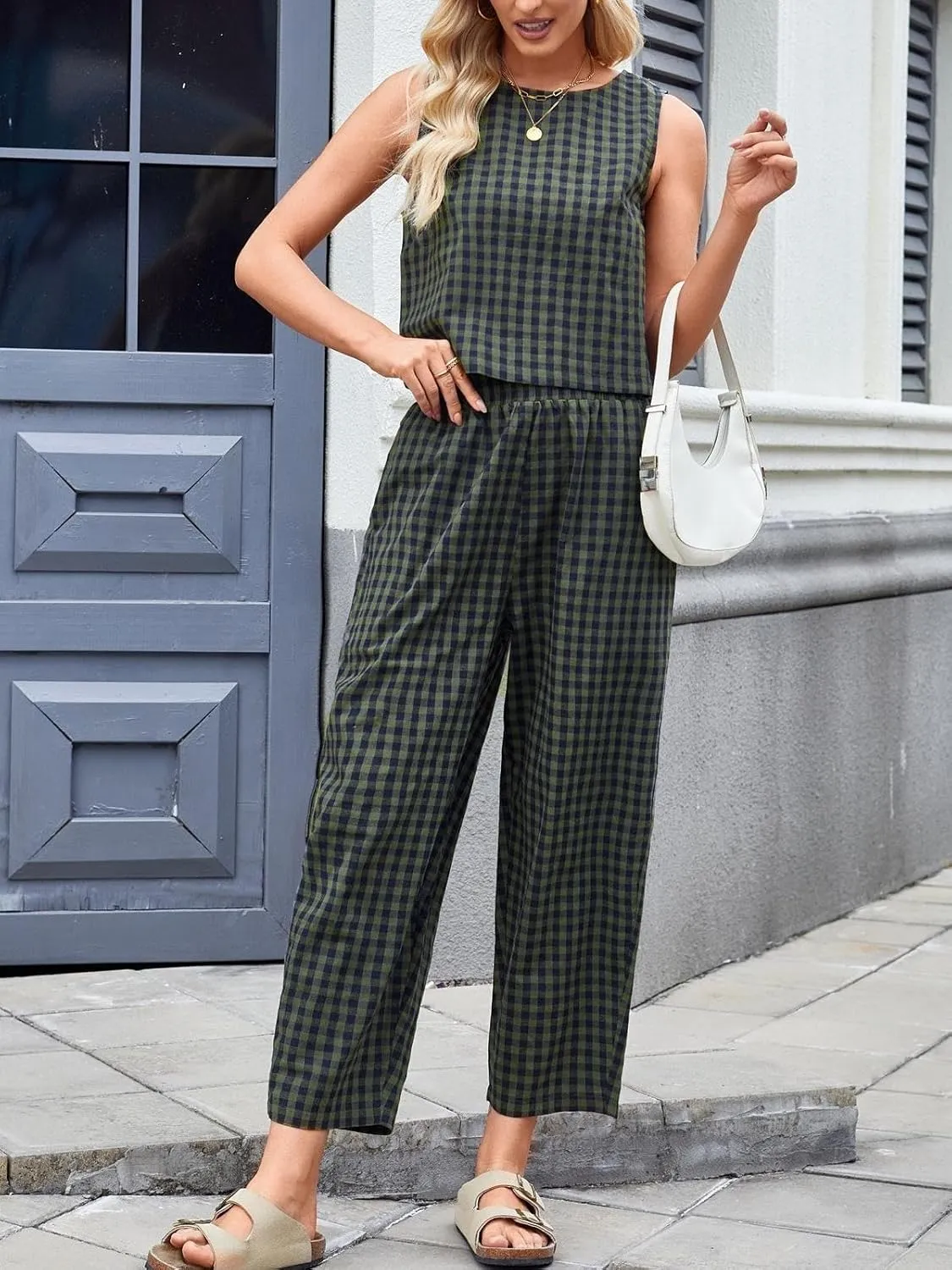 Womens Cotton Linen Checker Set 2 Piece Beach Vocation Outfit Summer Tank Top Pants Suit