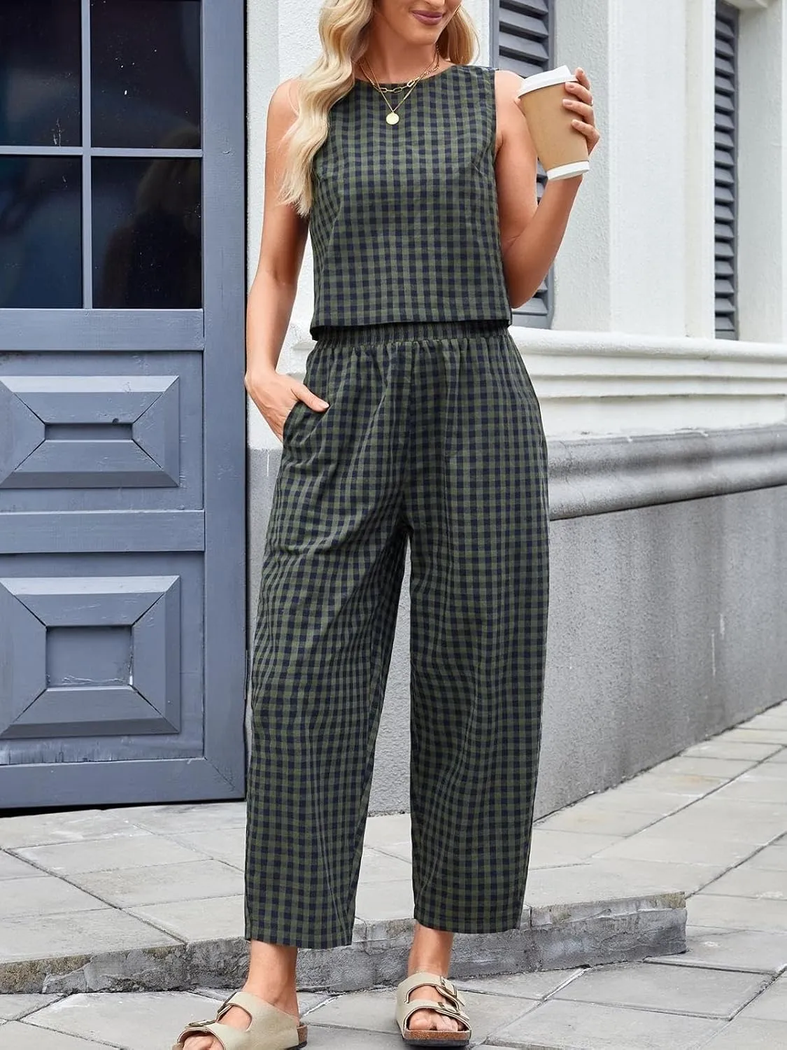 Womens Cotton Linen Checker Set 2 Piece Beach Vocation Outfit Summer Tank Top Pants Suit
