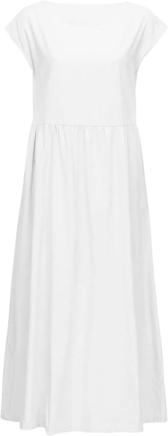 Women's Cotton Linen Dress Short Sleeve Midi Casual Plus Size Tunic Dress with Pockets Loose Plain Pleated Skirts