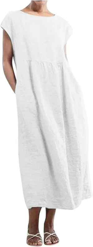 Women's Cotton Linen Dress Short Sleeve Midi Casual Plus Size Tunic Dress with Pockets Loose Plain Pleated Skirts