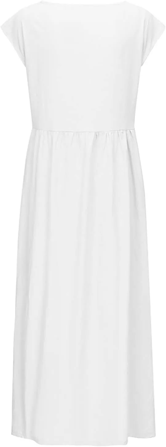 Women's Cotton Linen Dress Short Sleeve Midi Casual Plus Size Tunic Dress with Pockets Loose Plain Pleated Skirts