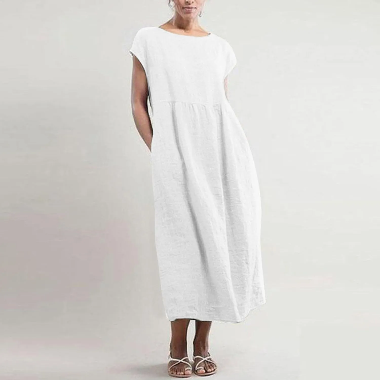 Women's Cotton Linen Dress Short Sleeve Midi Casual Plus Size Tunic Dress with Pockets Loose Plain Pleated Skirts
