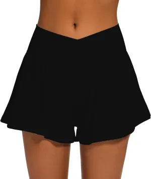 Womens Crossover Athletic Shorts Wide Waistband Flowy Tennis Sports Skorts with Pockets