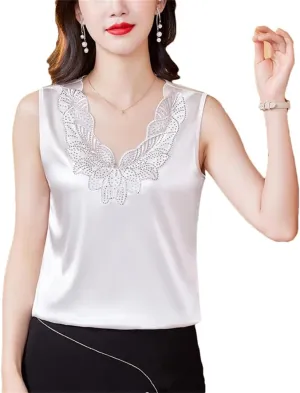Women's Embroidery Vest Shirt Spring Summer Silk Satin Tank Tops Sleeveless Camisole