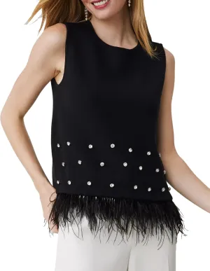Women's Feather Trim Tank Top Rhinestone Sleeveless Vest Party Club Streewear Crop Tops