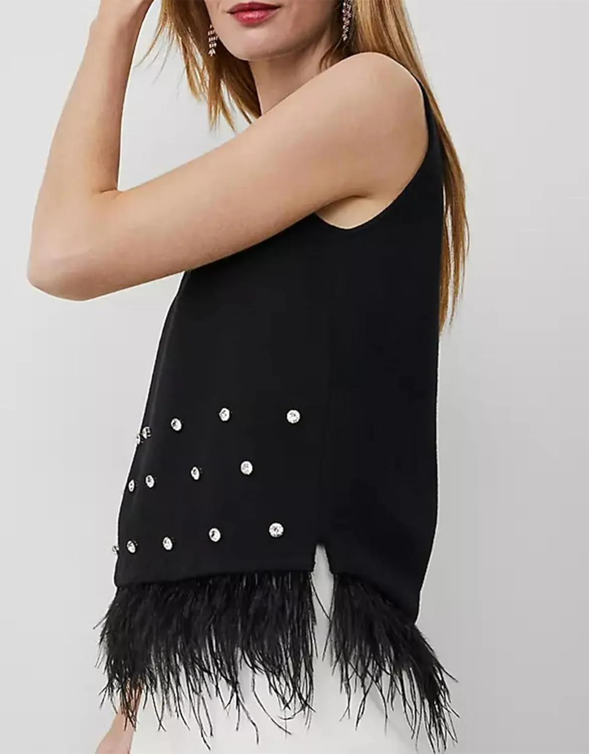 Women's Feather Trim Tank Top Rhinestone Sleeveless Vest Party Club Streewear Crop Tops