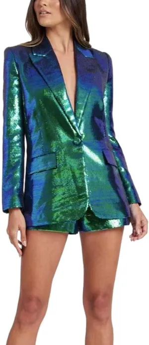 Womens Glitter Blazer Short Pants Set 2 PC Slim Fit Peak Lapel Prom Party Suit Womens Sequins Suit