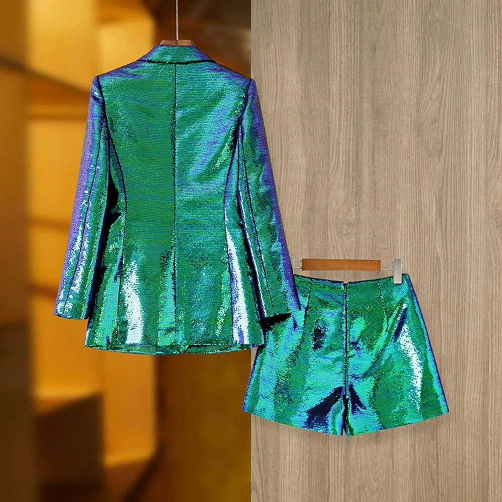 Womens Glitter Blazer Short Pants Set 2 PC Slim Fit Peak Lapel Prom Party Suit Womens Sequins Suit