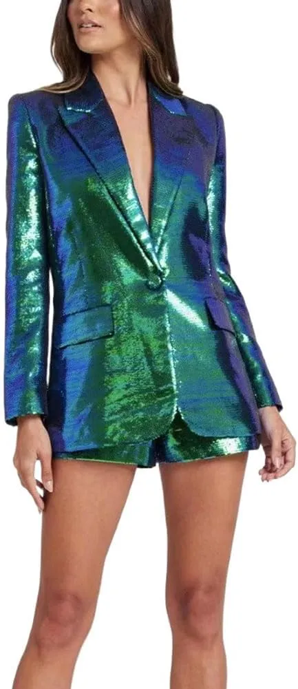 Womens Glitter Blazer Short Pants Set 2 PC Slim Fit Peak Lapel Prom Party Suit Womens Sequins Suit