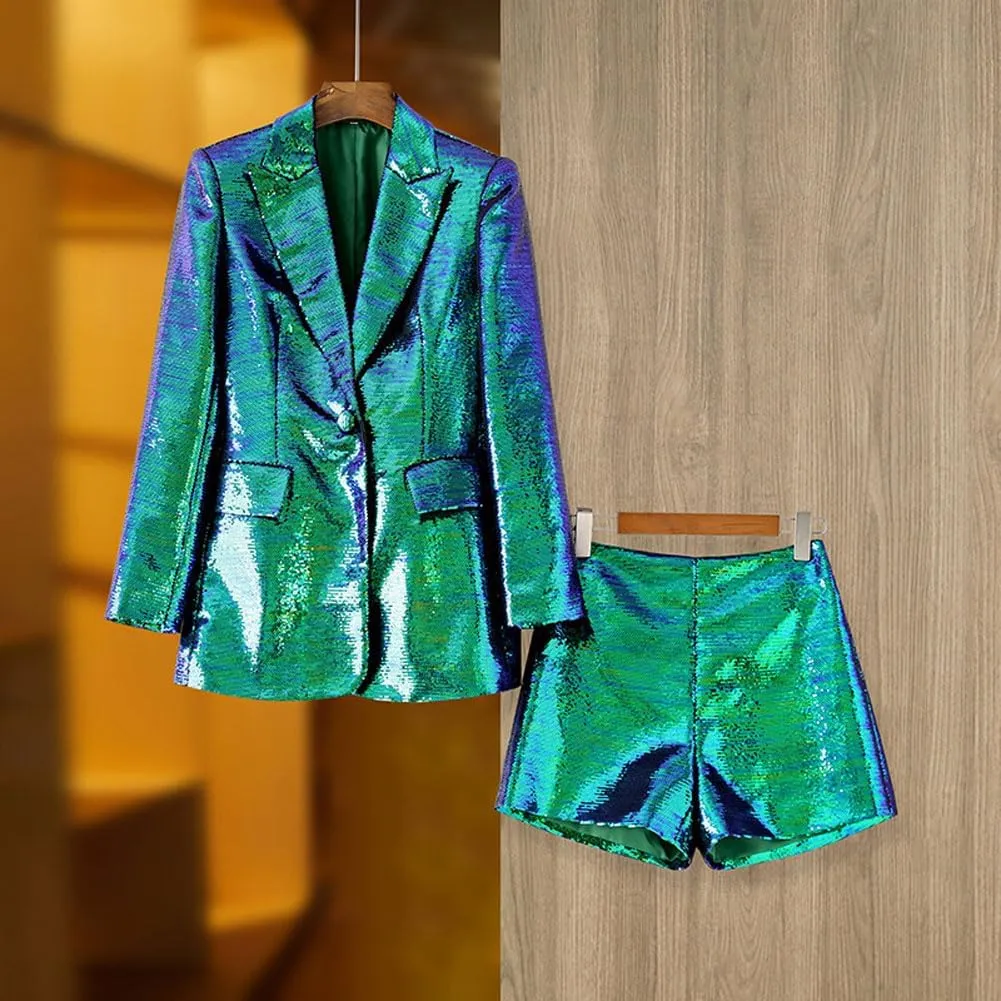 Womens Glitter Blazer Short Pants Set 2 PC Slim Fit Peak Lapel Prom Party Suit Womens Sequins Suit