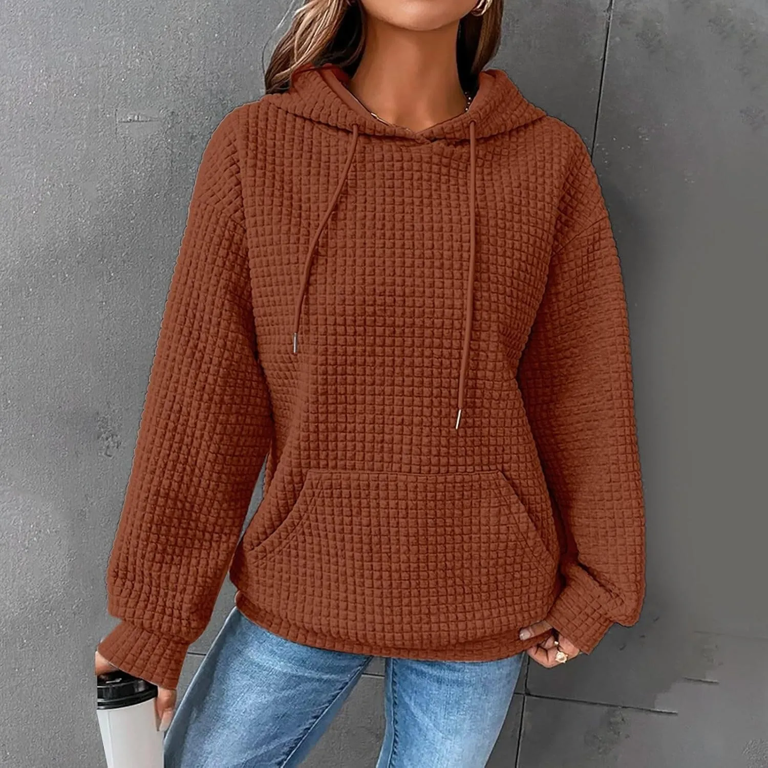Womens Hoodies Casual Long Sleeve Drawstring Waffle Knit Pullover Tops Loose Hooded Sweatshirt with Pocket Fall Clothes