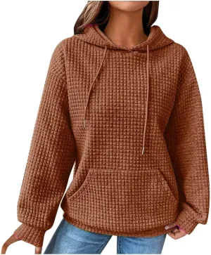 Womens Hoodies Casual Long Sleeve Drawstring Waffle Knit Pullover Tops Loose Hooded Sweatshirt with Pocket Fall Clothes