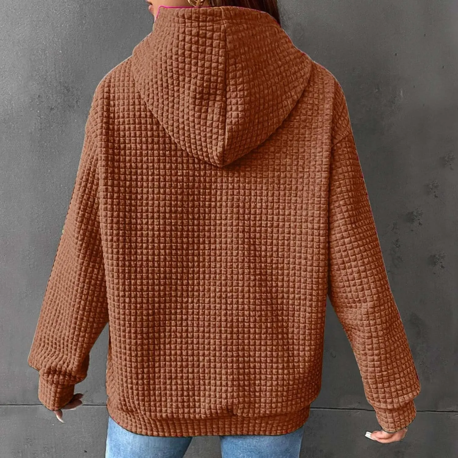 Womens Hoodies Casual Long Sleeve Drawstring Waffle Knit Pullover Tops Loose Hooded Sweatshirt with Pocket Fall Clothes