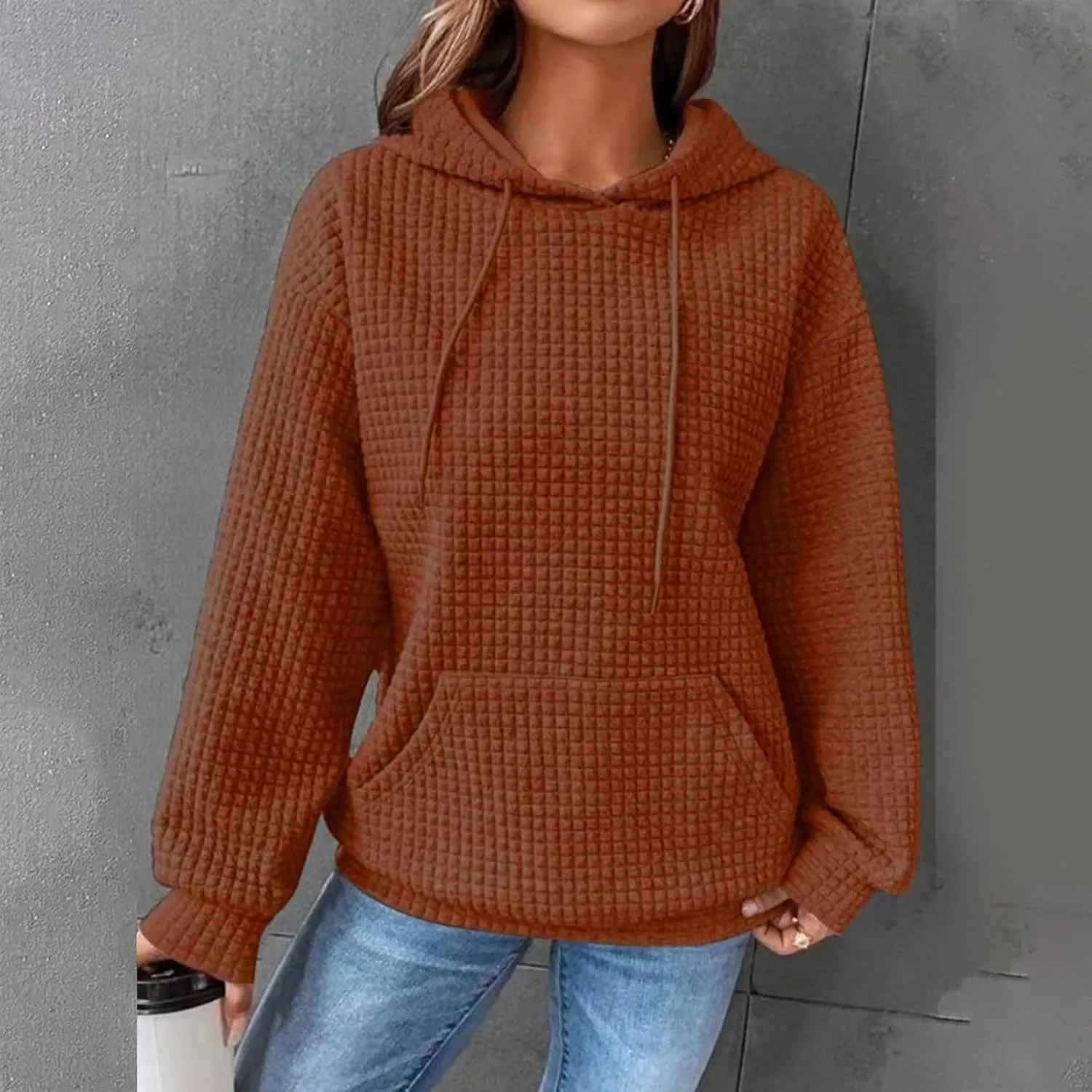 Womens Hoodies Casual Long Sleeve Drawstring Waffle Knit Pullover Tops Loose Hooded Sweatshirt with Pocket Fall Clothes