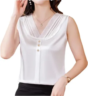 Women's Lace Tank Top Spring Summer Silk Satin Vest Shirt V Neck Sleeveless Camisole