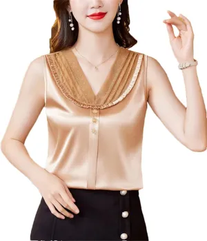 Women's Lace Tank Top Spring Summer Silk Satin Vest Shirt V Neck Sleeveless Camisole
