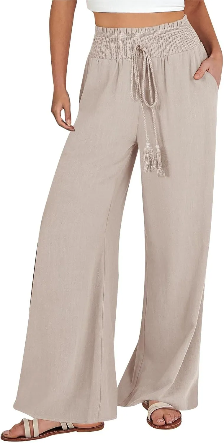 Womens Linen Pants 2025 Summer Wide Leg Palazzo High Waisted Drawstring Flowy Trousers Yoga Beach Pant with Pockets