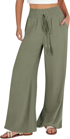 Womens Linen Pants 2025 Summer Wide Leg Palazzo High Waisted Drawstring Flowy Trousers Yoga Beach Pant with Pockets