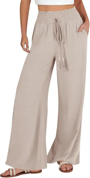 Womens Linen Pants 2025 Summer Wide Leg Palazzo High Waisted Drawstring Flowy Trousers Yoga Beach Pant with Pockets