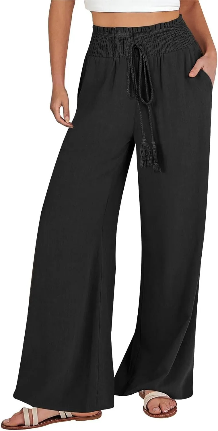 Womens Linen Pants 2025 Summer Wide Leg Palazzo High Waisted Drawstring Flowy Trousers Yoga Beach Pant with Pockets