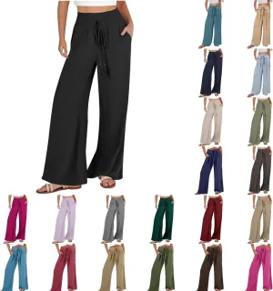 Womens Linen Pants 2025 Summer Wide Leg Palazzo High Waisted Drawstring Flowy Trousers Yoga Beach Pant with Pockets