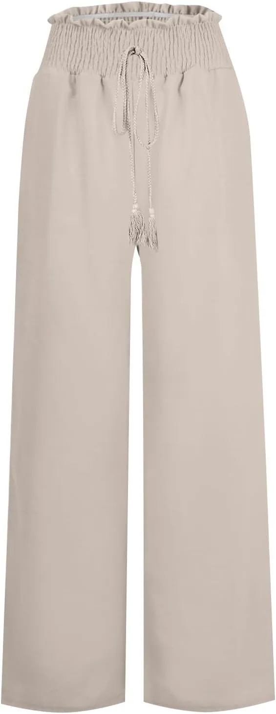 Womens Linen Pants 2025 Summer Wide Leg Palazzo High Waisted Drawstring Flowy Trousers Yoga Beach Pant with Pockets