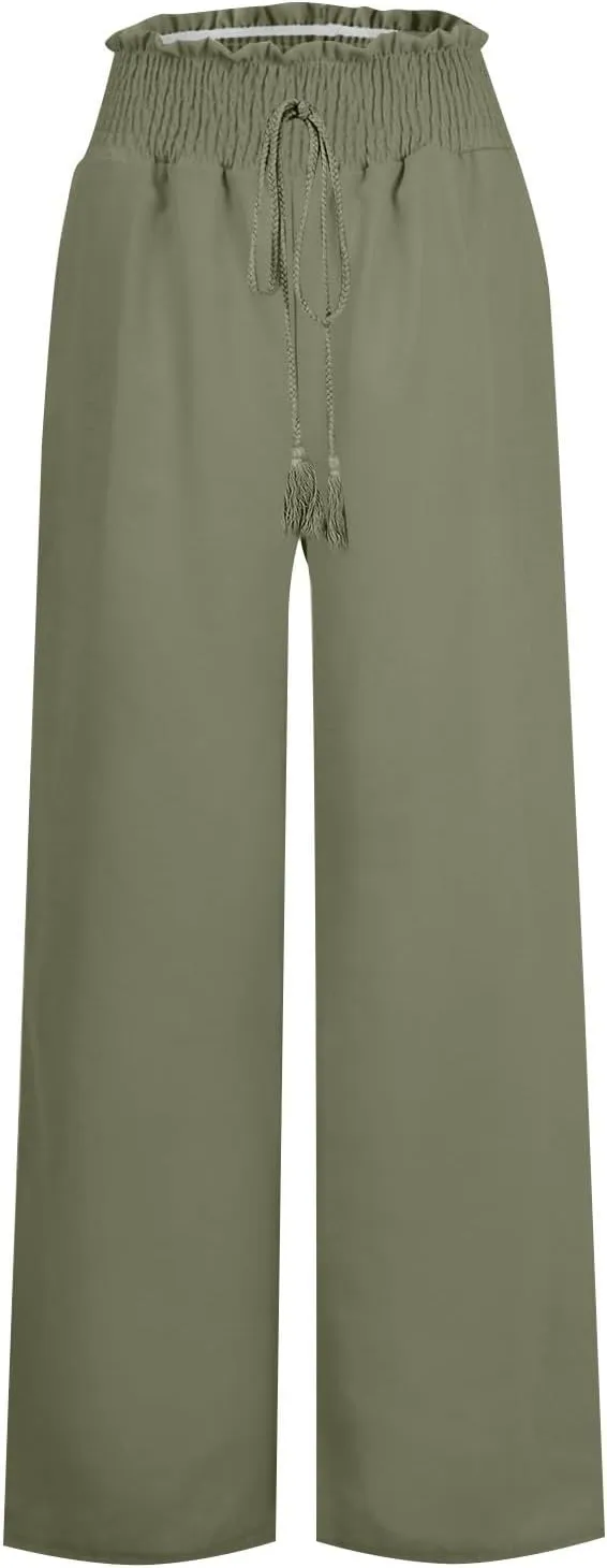 Womens Linen Pants 2025 Summer Wide Leg Palazzo High Waisted Drawstring Flowy Trousers Yoga Beach Pant with Pockets