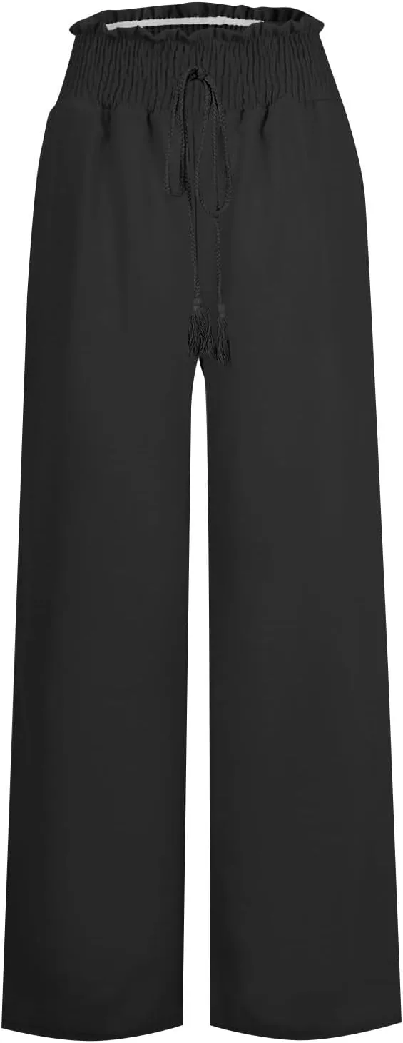 Womens Linen Pants 2025 Summer Wide Leg Palazzo High Waisted Drawstring Flowy Trousers Yoga Beach Pant with Pockets