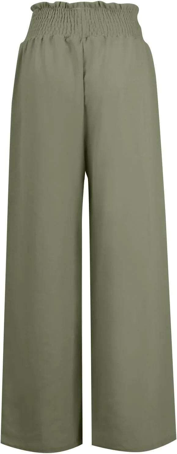 Womens Linen Pants 2025 Summer Wide Leg Palazzo High Waisted Drawstring Flowy Trousers Yoga Beach Pant with Pockets