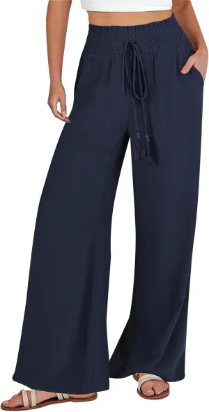 Womens Linen Pants 2025 Summer Wide Leg Palazzo High Waisted Drawstring Flowy Trousers Yoga Beach Pant with Pockets