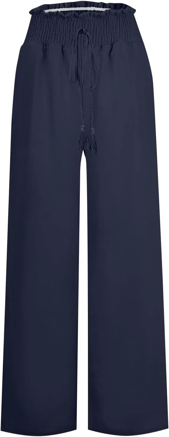 Womens Linen Pants 2025 Summer Wide Leg Palazzo High Waisted Drawstring Flowy Trousers Yoga Beach Pant with Pockets