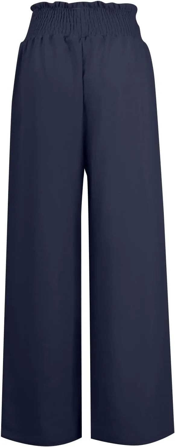 Womens Linen Pants 2025 Summer Wide Leg Palazzo High Waisted Drawstring Flowy Trousers Yoga Beach Pant with Pockets